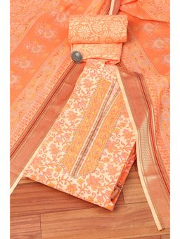 Biba - Orange Cotton Hand Block Print Unstitched Suit (Set of 3)