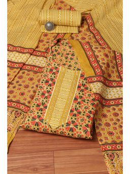 Biba - Yellow Cotton Hand Block Print Unstitched Suit (Set of 3)