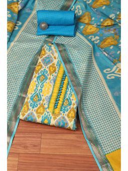 Biba - Turquoise Cotton Hand Block Print Unstitched Suit (Set of 3)