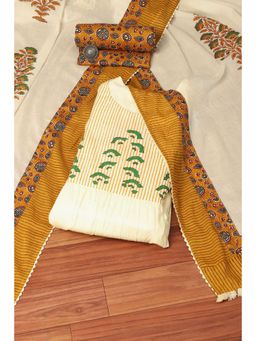 Biba - Off White Cotton Hand Block Print Unstitched Suit (Set of 3)