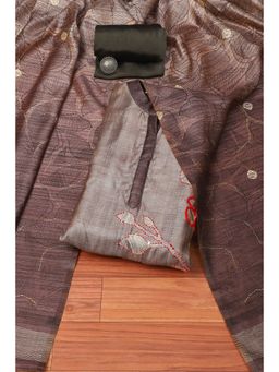 Biba - Grey Silk and Tussar Hand Embroidered Unstitched Suit (Set of 3)