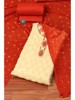 Biba - Red Cotton Hand Block Print Unstitched Suit (Set of 3)