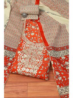Biba - Red Cotton Hand Block Print Unstitched Suit (Set of 3)
