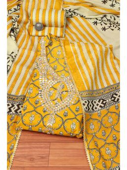 Biba - Mustard Cotton Hand Block Print Unstitched Suit (Set of 3)