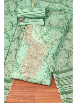 Biba - Turquoise Cotton Hand Block Print Unstitched Suit (Set of 3)