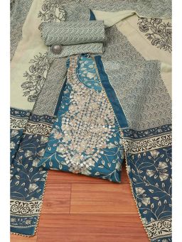 Biba - Blue Cotton Hand Block Print Unstitched Suit (Set of 3)