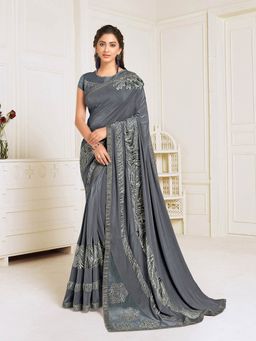 Odette - Grey Lycra Designer Saree with Unstitched Blouse