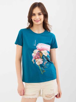 Spykar - Teal Printed Half Sleeves T-Shirt