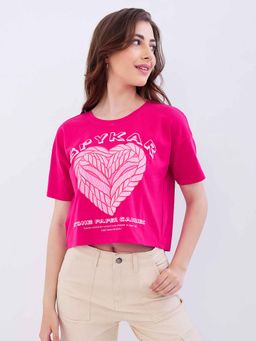Spykar - Dark Pink Printed Half Sleeves Crop T-Shirt