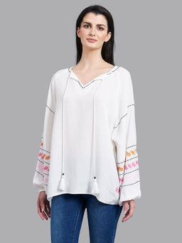 Beverly Hills Polo Club - White Solid Boho Linen Look Woven Tunic Top