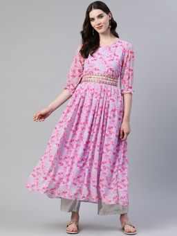 Vbuyz - Women's Print And Hand Work Anarkali Lavender Stitched Kurta With Belt (Set of 2)