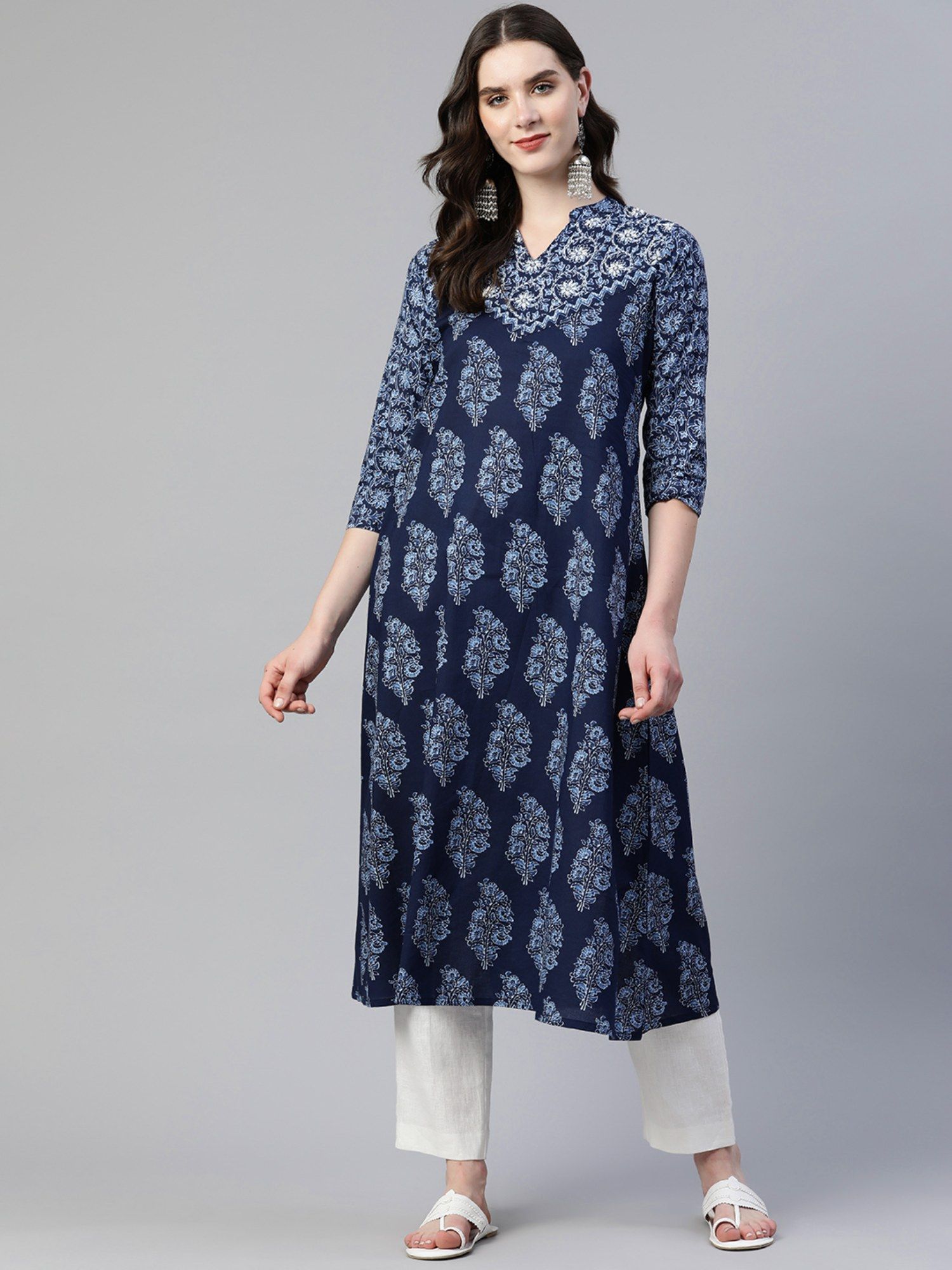 vbuyz Women's Print And Hand Work A Line Cotton Blue Stitched Kurta-picture-29