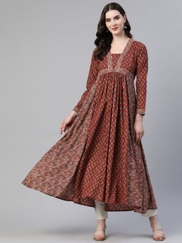 Vbuyz - Women's Floral Print Anarkali Cotton Maroon Stitched Kurta