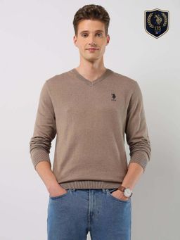 U.S. POLO ASSN. - Brown Cotton Full Sleeves Sweater