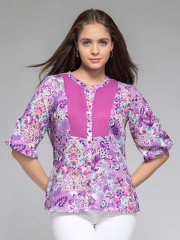 SHAYE - Band Collar Purple Floral Print Half Sleeves Casual Top
