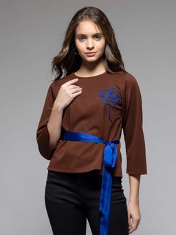 SHAYE - Round Neck Brown Embroidered Three-Quarter Sleeves Casual Top with Belt (Set of 2)