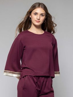 SHAYE - Round Neck Wine Solid Three-Quarter Sleeves Casual Top
