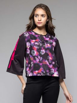 SHAYE - Round Neck Black Floral Print Three-Quarter Sleeves Casual Top