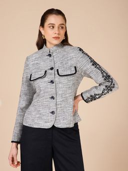 B77 - Becca Grey Cotton Mandarin Neck Embroidered Jacket