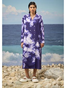 Genes Lecoanet Hemant - Navy Blue Abstract Cloud Print Cotton Poplin Relaxed Shirt Dress