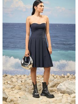 Genes Lecoanet Hemant - Navy Premium Poly Wool Sweetheart Neck Pleated Dress