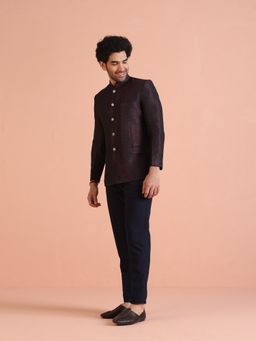 KISAH - Men Silk Blend Textured Maroon Jodhpuri Bandhgala with Pant