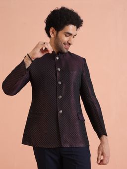 KISAH - Men Silk Blend Textured Maroon Jodhpuri Bandhgala