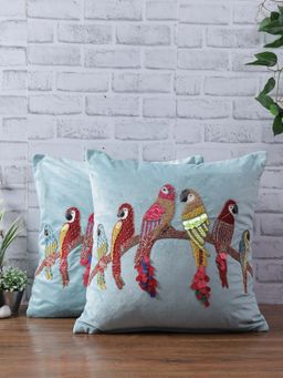 Eyda - Velvet Aqua Color Beaded Sequin Cushion Cover Set Of 2-18X18 Inch