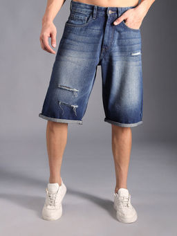 High Star - Men Washed Mid-Rise Distressed Cotton Denim Shorts