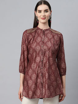 Nayam by lakshita - Ethnic Motifs Printed Sequinned Modal Maroon Kurti