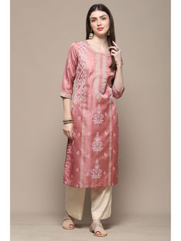 Biba - Dusty Pink Polyester Straight Kurta