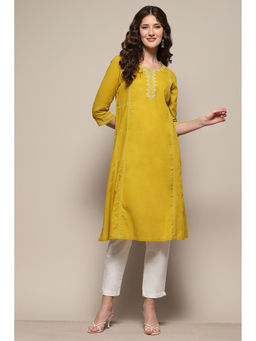 Biba - Yellow Lime Cotton Straight Kurta