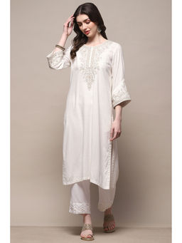 Biba - White Rayon Straight Kurta