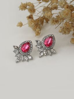 Carlton London - Silver-Toned And Pink Teardrop Shaped Studs Earrings