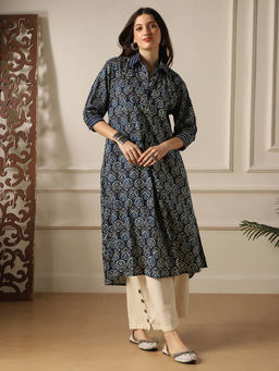 Globus - Women Indigo Printed A-Line Fit Kurta