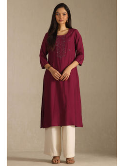 Soch - Women Wine Embroidered Regular Fit Kurta