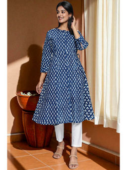 Folksong - Women Navy Blue Printed Regular Fit Kurta