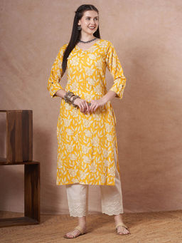 FASHOR - Women Yellow Floral Straight Fit Kurta