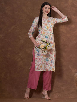 FASHOR - Women Cream Floral Straight Fit Kurta