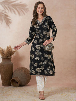 FASHOR - Women Black Floral Straight Fit Kurta