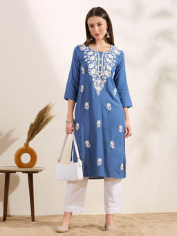 FASHOR - Women Blue Floral Straight Fit Kurta