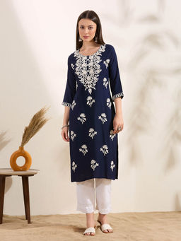 FASHOR - Women Navy Blue Floral Straight Fit Kurta