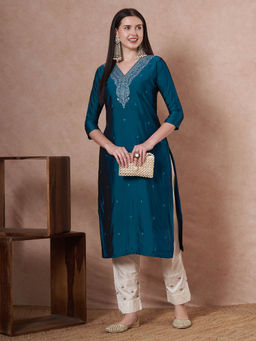 FASHOR - Women Teal Embroidered Straight Fit Kurta