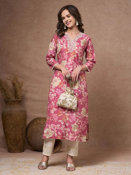 FASHOR - Women Pink Floral Straight Fit Kurta