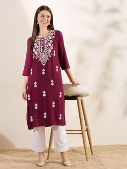 FASHOR - Women Burgundy Embroidered Straight Fit Kurta