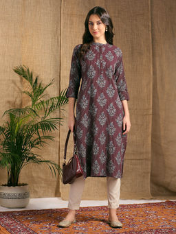 FASHOR - Women Burgundy Floral Straight Fit Kurta