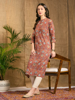 FASHOR - Women Rust Floral Straight Fit Kurta