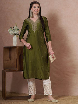 FASHOR - Women Green Embroidered Straight Fit Kurta