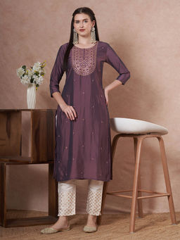 FASHOR - Women Mauve Embroidered Straight Fit Kurta