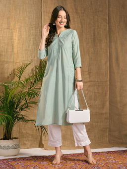 FASHOR - Women Green Embroidered Straight Fit Kurta